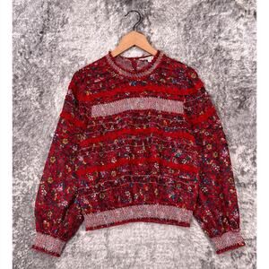 Anthropologie Top Small Womens Ranna Gill Blouse Red Floral Smocked